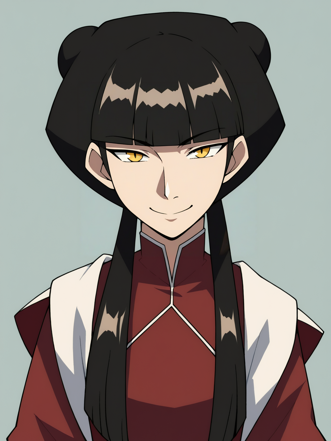 score_9, score_8_up, score_7_up, score_6_up, score_5_up, score_4_up, BREAK, source_cartoon, source_anime, 1girl, mai, black hair, long hair, blunt bangs, double  hair bun, twintails, sidelocks, yellow eyes, chinese clothes, long wide sleeves,
upper body, smile, looking at viewer, solo, simple background     <lora:MaiXL:1>