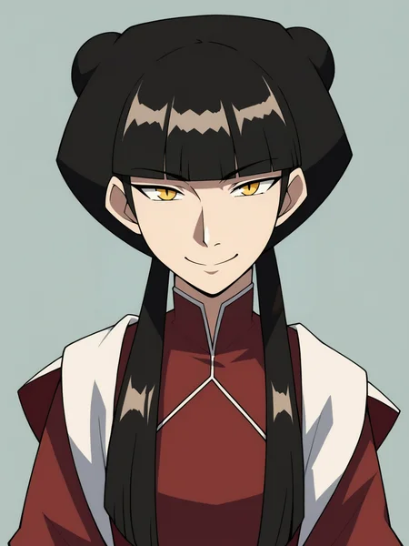 score_9, score_8_up, score_7_up, score_6_up, score_5_up, score_4_up, BREAK, source_cartoon, source_anime, 1girl, mai, black hair, long hair, blunt bangs, double hair bun, twintails, sidelocks, yellow eyes, chinese clothes, long wide sleeves,
upper body, smile, looking at viewer, solo, simple background <lora:MaiXL:1>