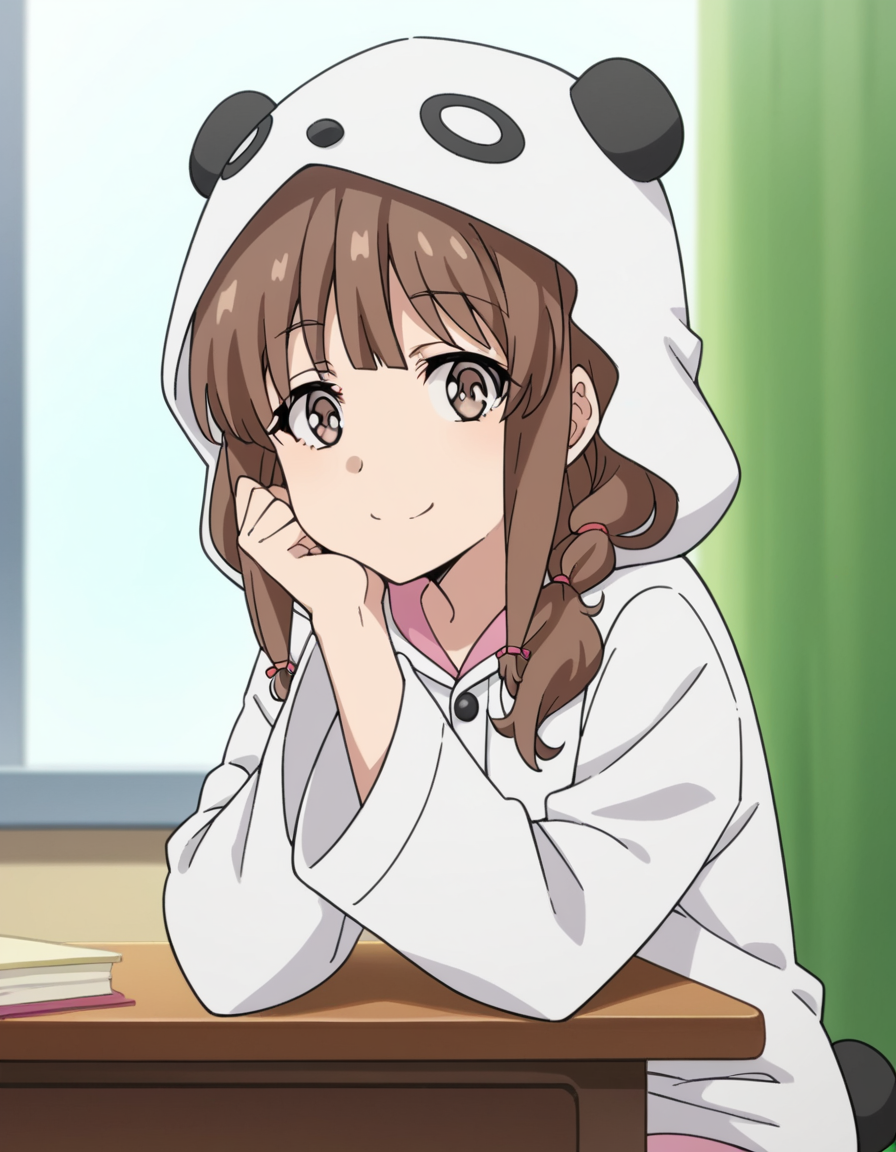score_9, score_8_up, score_7_up, source_anime, <lora:kaede-azusagawa-s1-ponyxl-lora-nochekaiser:1>, kaede azusagawa, long hair, bangs, brown hair, brown eyes,, animal ears, tail, hood, pajamas, animal hood, animal costume, panda ears,, indoors, sitting, head rest, table,, smile, looking at viewer, solo,, cowboy shot, dutch angle