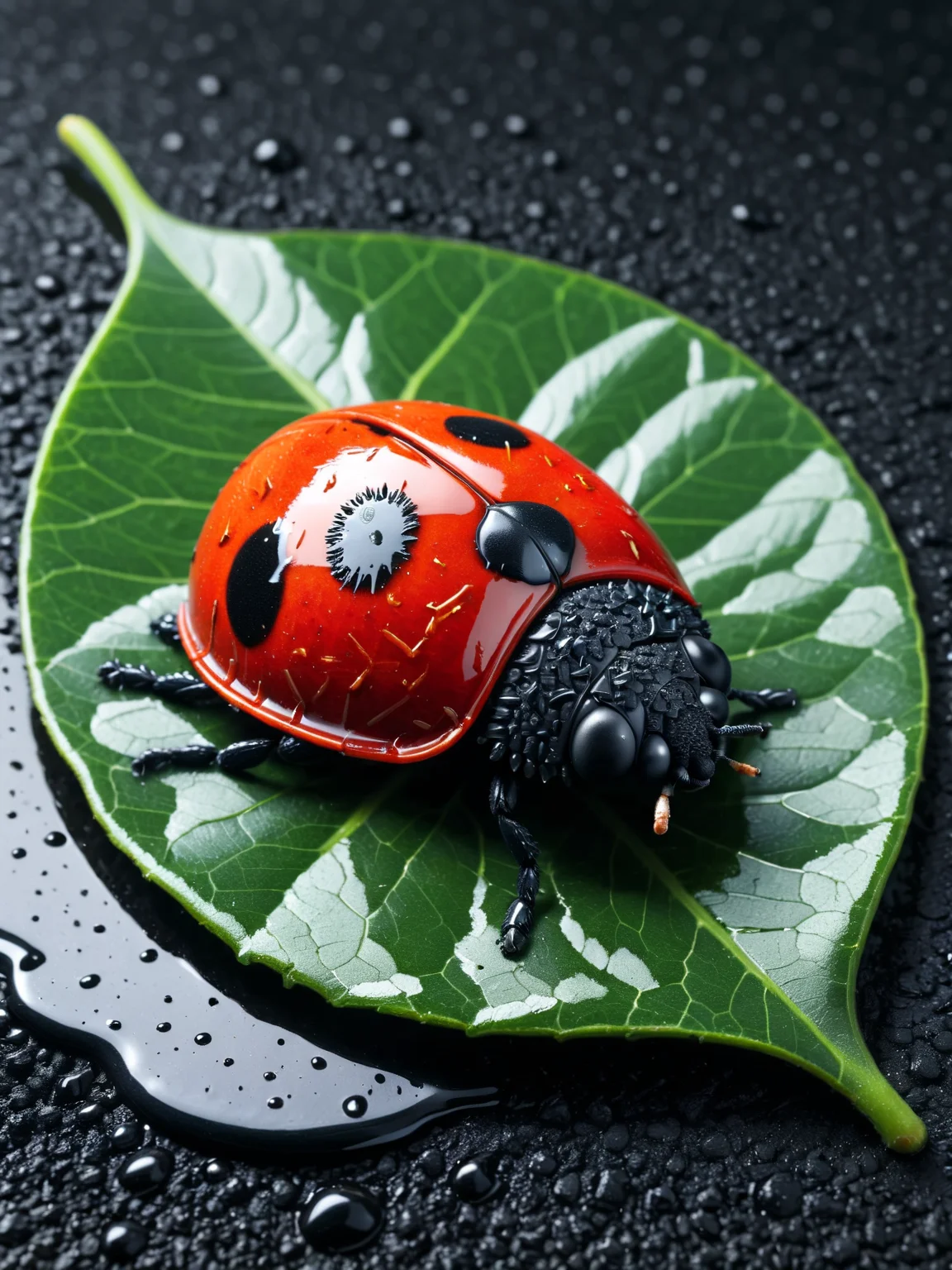 a ladybug made of black and red ais-tarmac, sat on an intricately detailed moist leaf <lora:Fresh_Tarmac_SXDL:1>
