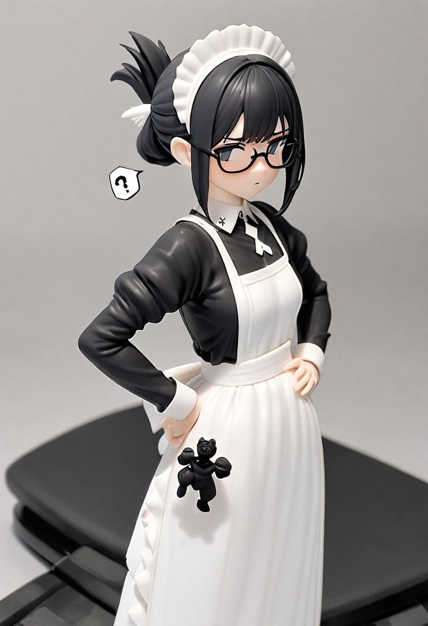 masterpiece, very aesthetic, absurdres, newest, WhiteMold, 3d printed figurine, 1girl, cowboy shot, maid, black dress, long dress, white apron, maid headdress, black hair, folded ponytail, glasses, hand on hips, confused expression, question mark, holding figurine