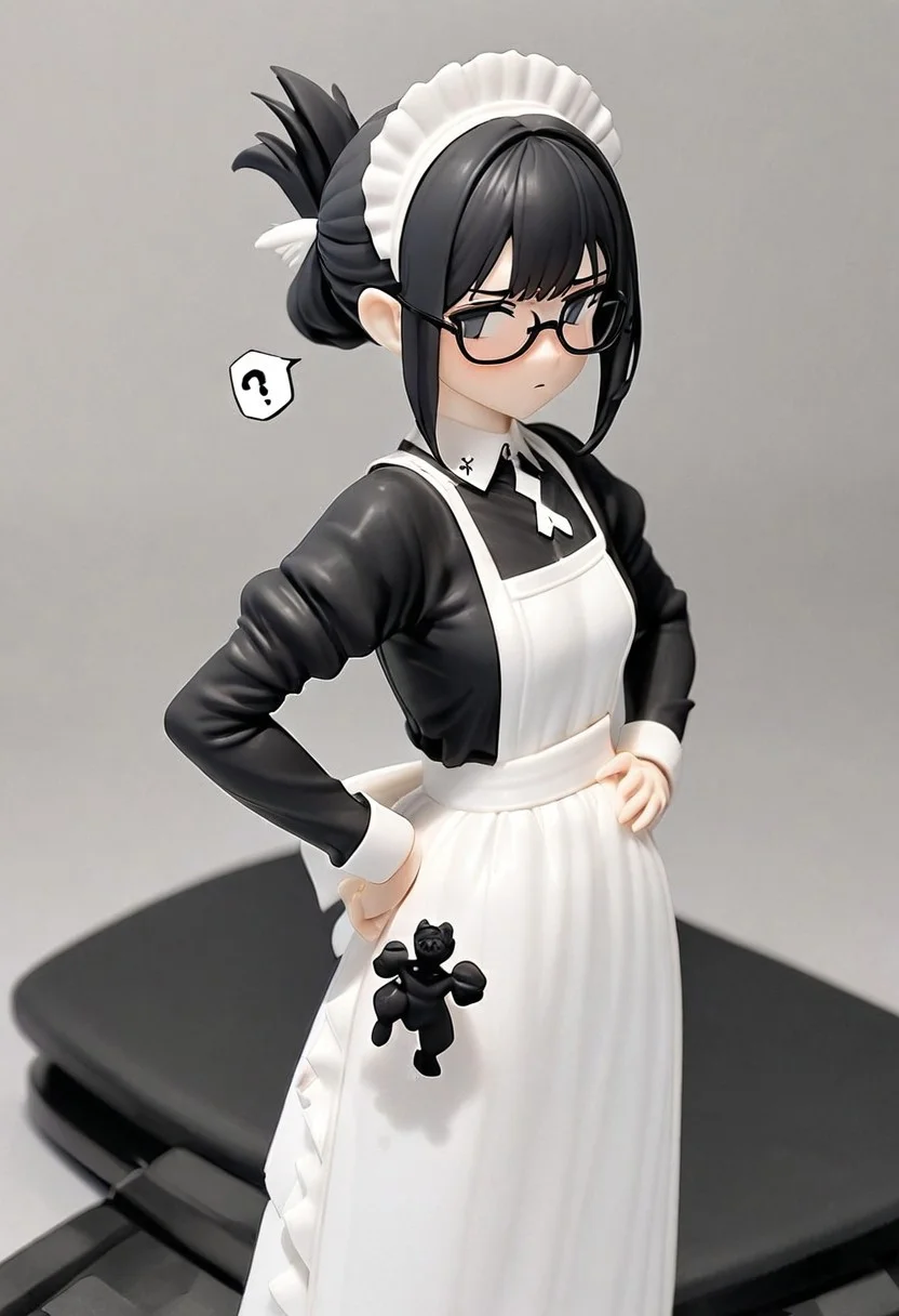 masterpiece, very aesthetic, absurdres, newest, WhiteMold, 3d printed figurine, 1girl, cowboy shot, maid, black dress, long dress, white apron, maid headdress, black hair, folded ponytail, glasses, hand on hips, confused expression, question mark, holding figurine