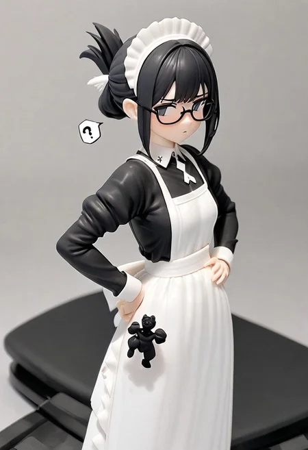 masterpiece, very aesthetic, absurdres, newest, WhiteMold, 3d printed figurine, 1girl, cowboy shot, maid, black dress, long dress, white apron, maid headdress, black hair, folded ponytail, glasses, hand on hips, confused expression, question mark, holding figurine