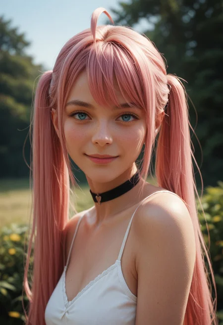 score_9_up, score_8_up, score_7_up, score_6_up, 1girl, 25 years old, perfect face, (adult), sexy,
blue eyes,
three quarter view, detailed face, portrait, face focus, depth of field, looking at viewer, blush, shy smile,
blue eyes,
pink hair, twintails, very long hair, ahoge, black choker,
white camisole,
blue sky, outdoors, looking at viewer,