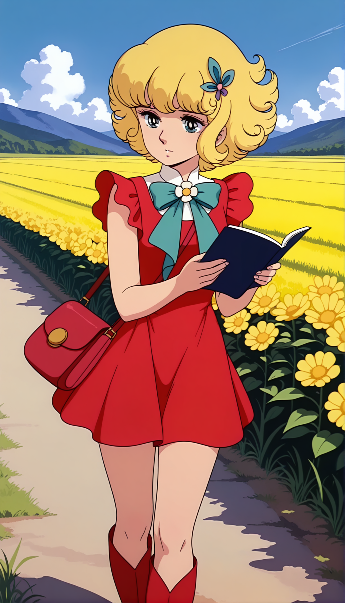 masterpiece,best quality,amazing quality,luluill,1girl,solo,1970s \(style\),retro artstyle,blonde hair,short hair,curly hair,blue eyes,hair ornament,flower,dress,red dress,bare arms,bow,knee boots,red footwear,bag,holding,rural,outdoors,<lora:luluill:0.8>,