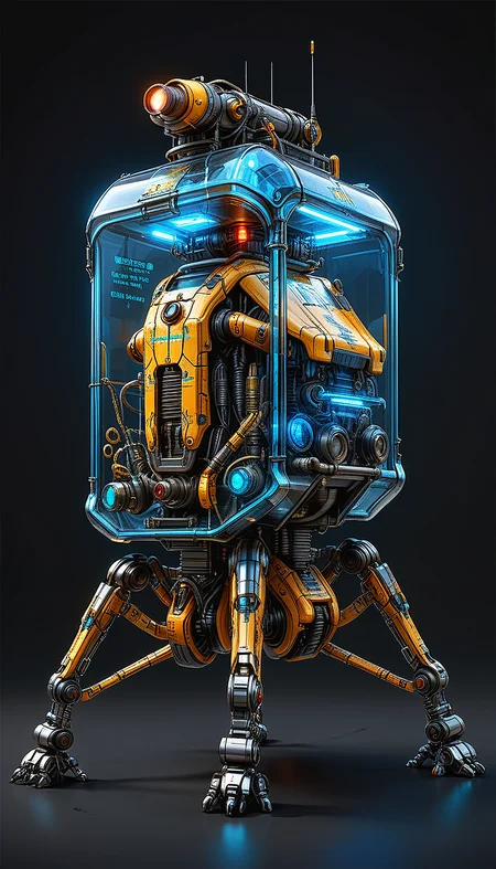 (in ARTIST style:1.4), (masterpiece:1.7), properly positioned, straight, glow blue neon,
View of buggy legged vehicle (science fiction texture, science fiction skin, someplastic, , dark background, dark background, english text, emblem, cable, retro, old style, device, wearable item (transparent:2), transparent skin, transparent texture, mecha, multi legged vehicle,transparent glass paint, mecha),
(masterpiece:1.8), (highest detailed:1.8), perfectly lighted, (contrast), (saturated), (((sharp focus))),
(hyperdetailed:1.3), (intricate details:1.2), (Refined details:1.3), (best quality:1.5), highly detailed textures, vibrant colors,
(ultra sharp focus:1.8), (detailed skin:1.8), (detailed edges:1.8), (thin lines:1.8), (best quality:1.8),
<lora:Apparatus_-_Traction_City_Walkers_Vehicles:0.7>,