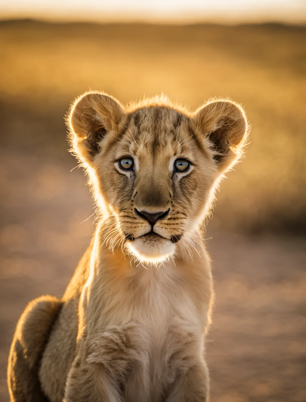 National Geographic award winner photo a cute baby lion, newborn lion, RAW photo, closeup, baby lion, detailed eyes, melancholic eyes, infant lion showing the tong tip, Fuji X-T3, high quality, film photography, golden-hour