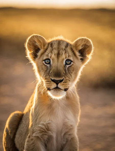 National Geographic award winner photo a cute baby lion, newborn lion, RAW photo, closeup, baby lion, detailed eyes, melancholic eyes, infant lion showing the tong tip, Fuji X-T3, high quality, film photography, golden-hour