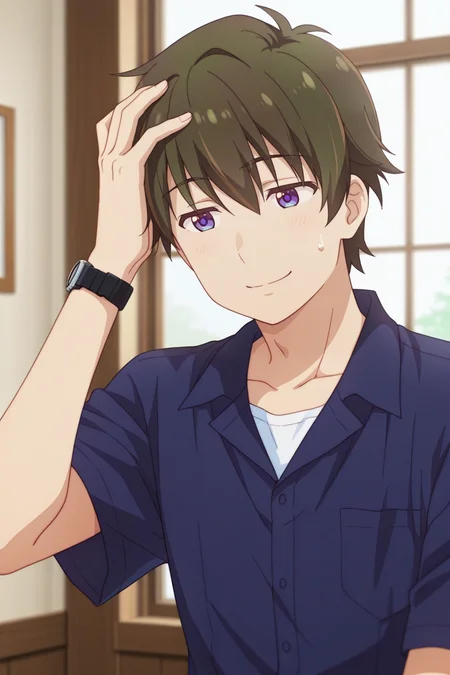 masterpiece, best quality, amazing quality,high resolution, intricate details,official style,depth of field,anime screencap, , , 1boy, solo, male focus, , ,  <lora:Wataru_Sajo:0.83>, wataru sajo,dark brown hair,purple eyes,short hair,smile, shirt, closed mouth, upper body, short sleeves, indoors, sweatdrop, window, watch, wristwatch, hand on own head,blue collared shirt,dark blue shirt,short sleeves,white shirt,collarbone