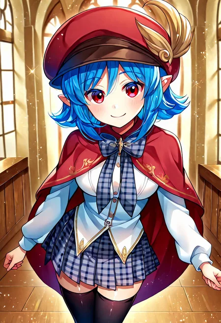 anime screencap, masterpiece, highres, best quality, 4k, very aesthetic, leaflit mitsuha, leaflit \(fae\), blue hair, red eyes, short hair, hair between eyes, sidelocks, humanization, pointy ears, cabbie hat, grey bow, long sleeves, puffy sleeves, red cape, red hat, white shirt, wing symbol, feather on hat, plaid clothes, plaid bow, plaid skirt, pleated skirt, black thighhighs, 1girl, solo, solo focus, eye focus, closed mouth, smile, front view, facing viewer, female only, standing, pose, looking at viewer, indoors, dramatic lighting