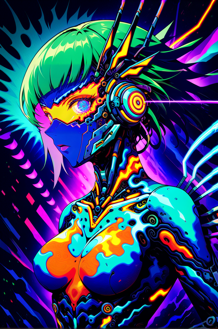 psychedelic style cybernetic robot <lora:Splash_Art_SDXL:1>, one girl, bob, big breasts, serious facial expression, upper body, neon aura, looking at the viewer, torn shades, front view <lora:art-v5:0.5> <lora:incase-ilff-v3-4:0.7> <lora:zavy-flrscnc-sdxl:0.9>   <lora:SDXLHighDetail_v5:0.5> . android, AI, machine, metal, wires, tech, futuristic, highly detailed . vibrant colors, swirling patterns, abstract forms, surreal, trippy