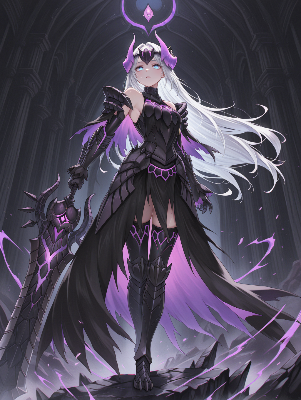 gore magala armor, 1girl, white hair, black greatsword, blue eyes, very long hair,  solo looking at viewer, bare shoulders, holding black greatsword, glowing eyes, purple horn ornament, black cape, black breastplate, black armored gloves, black shoulder armor, black armored dress, black thigh armored boots, claws,
masterpiece,best quality,amazing quality,very aesthetic,apussbsurdres,newest,<lora:Gore Magala armor illuXL v1.2:0.75>,