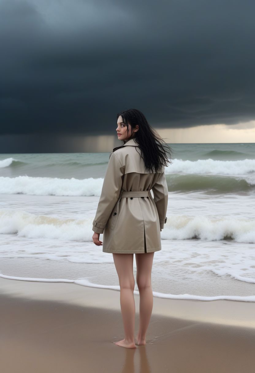 ultra realistic, masterpiece, nikon z9, photo of a beautiful, 21-year-old-woman, thin, slender, long_legs, waving black hair, standing on the beach, beach strand in the rain, a grey ocean in the background, dark skies, cloudy and raining, trenchcoat, (sideview, view from behind) (2000s vintage RAW photo), candid camera, color graded cinematic, atmospheric lighting, skin pores