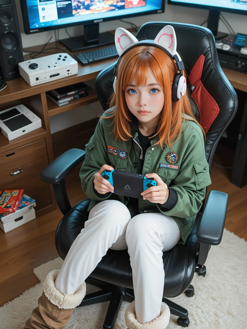 score_9, score_8_up, score_7_up,
1girl, animal ears, closed mouth, fur boots, screen light, sitting, holding handheld game console, white pants, dark room, playing games, long hair, knee boots, boots, jacket, looking up, knees up, holding, straight hair, medium hair, looking at viewer, blue eyes, headphones, blurry background, furrowed brow, orange hair, game over, barefoot, pants, handheld game console, on chair, :|, screen, monitor, hand up, from above, green jacket, animal ear headphones, fake animal ears, blurry,