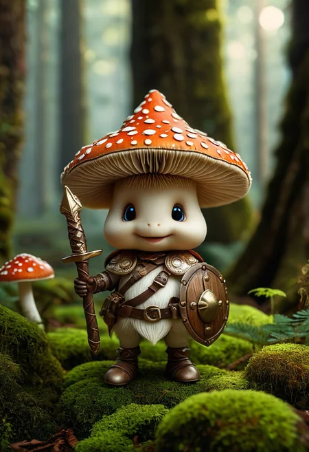 cute little mushroom warrior standing confidently in a magical forest, the warrior is a small humanoid mushroom with a round spotted cap and a cheerful expression, it is wearing tiny armor made of leaves and bark, with a small wooden shield, and a tiny glimmering sword, The mushroom warrior has tiny delicate features and stands on a patch of moss, surrounded by glowing mushrooms and plants, The background features tall ancient trees with thick twisting roots, ethereal light filtering through the canopy, whimsical and enchanting atmosphere, <lora:MJ52:0.4>, <lora:SDXLFaeTastic2400:0.3>