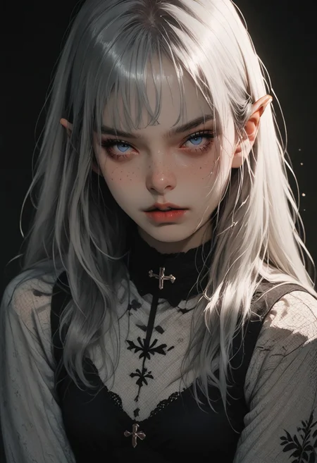 score_9, score_8_up, score_7_up, flat color, g4n1m3, comicbookpage style, high contrast,
1girl, indoor, long hair, beautiful face, spanish, blue eyes, freckles, small breasts, braless, perfect legs, ((full body view)), elf with long ears, silver armor, behind the girl's back there is a bow and arrows
