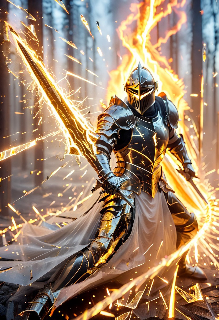 1man, armored golden knight, Incoming sword, broken glass, reflection, glowing fire slash, shatter, holding sword, glowing sword, motion blur, emphasis line, outdoor in the darkness, looking at viewer,