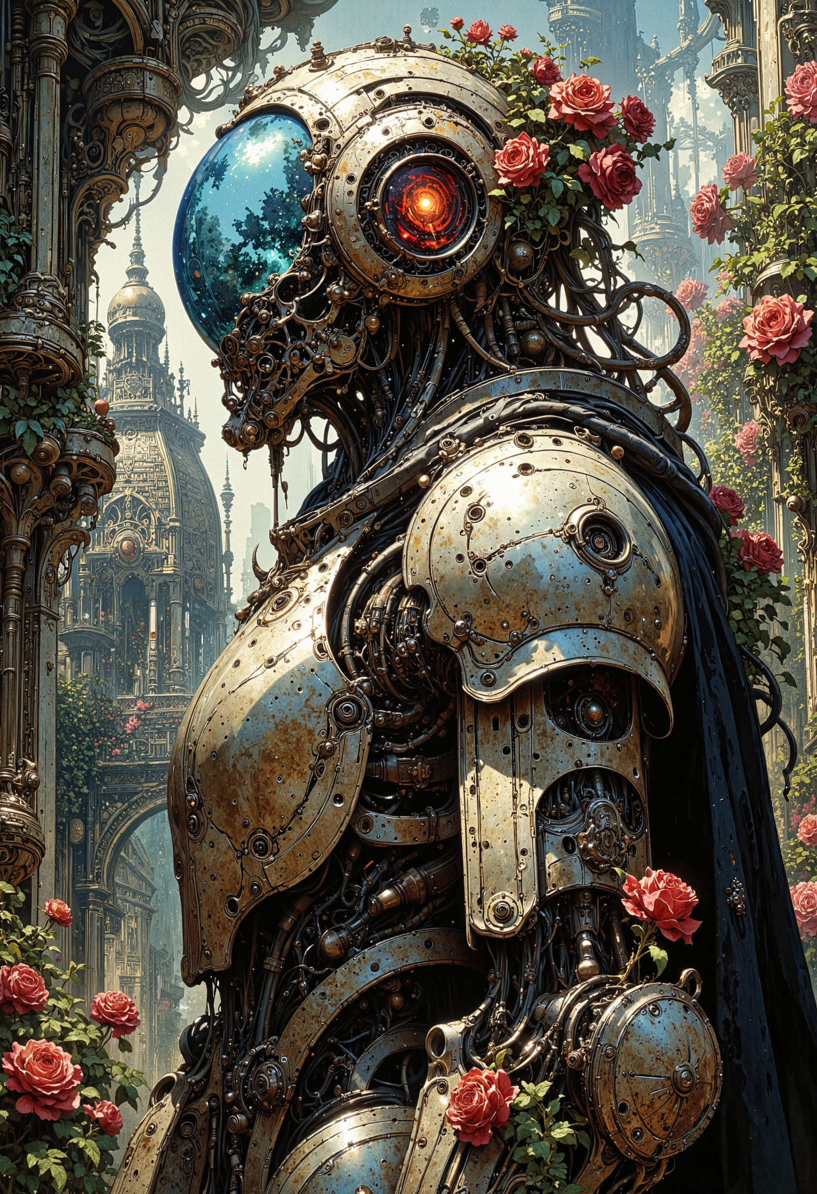 masterpiece, high-quality, hyperdetailed, refined details, best quality, high resolution, A clockwork knight whose armor is slowly being overtaken by thorny vines, roses blooming from the joints and gears, their visor reflecting a distorted greenhouse filled with overgrown, metallic flora, captured in a dramatic side profile shot, Style is Steampunk Botanical Horror with high detail vine work, contrasting textures of metal and organic, slightly melancholic, ominous beauty, <lora:FLUX\Elden_Ring_-_Yoshitaka_Amano:0.5> <lora:FLUX\RetroAnimeFluxV1:0.4> <lora:FLUX\CPA:0.5> <lora:FLUX\artilands:0.6> <lora:FLUX\flux_vividizer:0.3>
