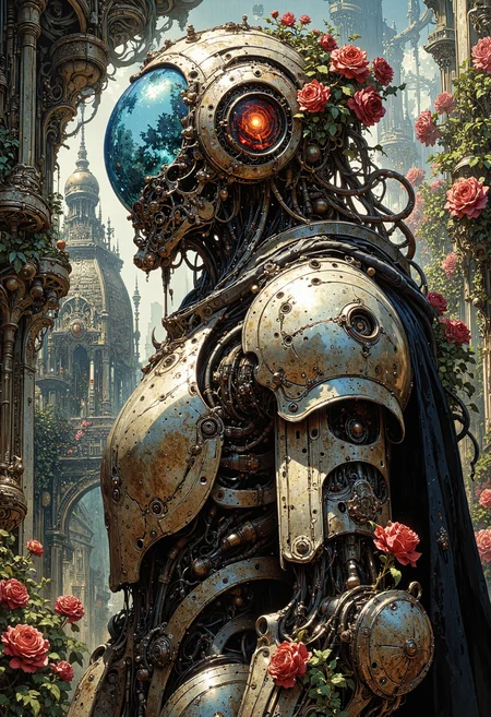masterpiece, high-quality, hyperdetailed, refined details, best quality, high resolution, A clockwork knight whose armor is slowly being overtaken by thorny vines, roses blooming from the joints and gears, their visor reflecting a distorted greenhouse filled with overgrown, metallic flora, captured in a dramatic side profile shot, Style is Steampunk Botanical Horror with high detail vine work, contrasting textures of metal and organic, slightly melancholic, ominous beauty, <lora:FLUX\Elden_Ring_-_Yoshitaka_Amano:0.5> <lora:FLUX\RetroAnimeFluxV1:0.4> <lora:FLUX\CPA:0.5> <lora:FLUX\artilands:0.6> <lora:FLUX\flux_vividizer:0.3>
