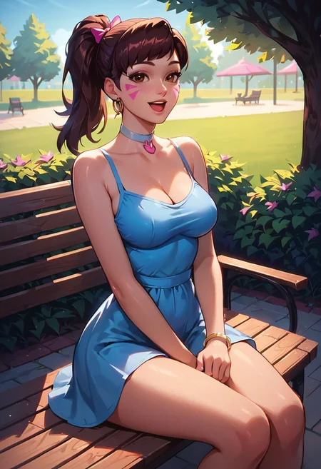 score_9, score_8_up, score_7_up, score_6_up, Masterpiece, beautiful, perfect eyes, perfect face, sexy, D.Va (Overwatch, medium breasts, (curvy), brown hair, ponytail, short sundress, petite body, looking at viewer, smiling, seductive, laughing), sitting, park, bench, daytime, beautiful cinematic lighting, volumetric lighting, dramatic lighting <lora:Smooth Anime Style LoRA XL:0.60> <lora:g0th1cPXL:0.4> g0thicPXL <lora:princess_xl_v2:1> <lora:d.va_xl_v1:1>