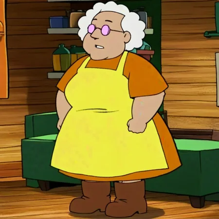 1girl, solo, muriel_bagge, plump, glasses, gray hair, orange dress, yellow apron, boots, standing, indoors