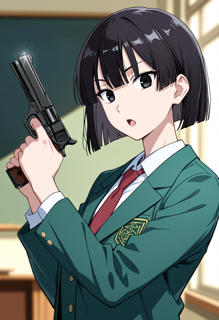 ,masterpiece, very aesthetic,8k,masterpiece, best quality, upper body,chiakitani, chihair, bezzschooloutfit, holding postol, pistol,solo, necktie, short hair, shirt, 1girl, bob cut, black eyes, black hair, bangs, chalkboard, open mouth, shirt, Green jacket, red necktie, looking at viewer
, impressionism 1.5, high detail, depth of field, blurred background, dramatic lighting