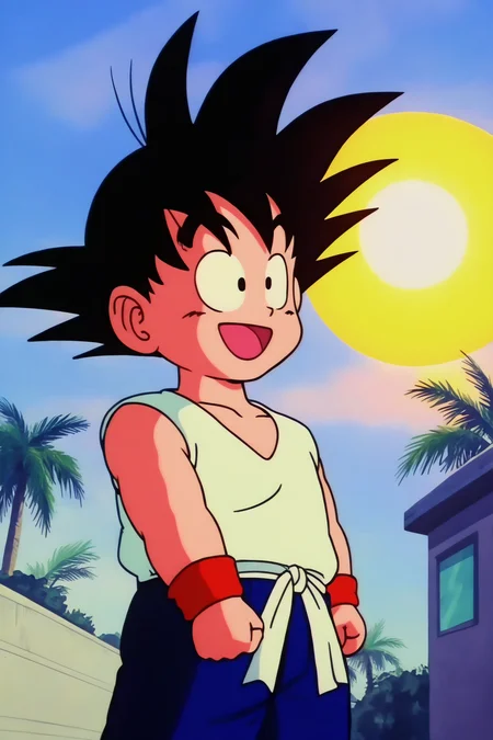 source_anime, score_9, score_8_up, score_7_up, anime screencap,8k, absurd res,
son goku, solo, smile, open mouth, black hair, 1boy, :d, male focus, outdoors, sky, cloud, black eyes, tree, cloudy sky, grass, spiked hair, wristband, palm tree, arms at sides, dougi, red wristband, (white vest), sun, sunset, raised eyebrows, male child, looking at another, cowboy shot, clenched hands, chibi, blue pants, blue sash, collarbone, sleeveless
<lora:gokudb_pony_v2:0.8>
