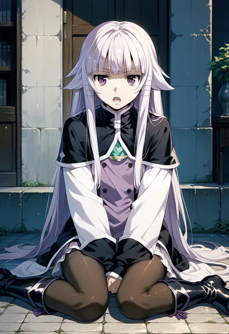 score_9,score_8_up,score_7_up,source_anime, Anri Hazeworth,1girl,solo,open mouth,thighhighs,sitting,purple eyes,pantyhose,boots,sleeves past wrists,