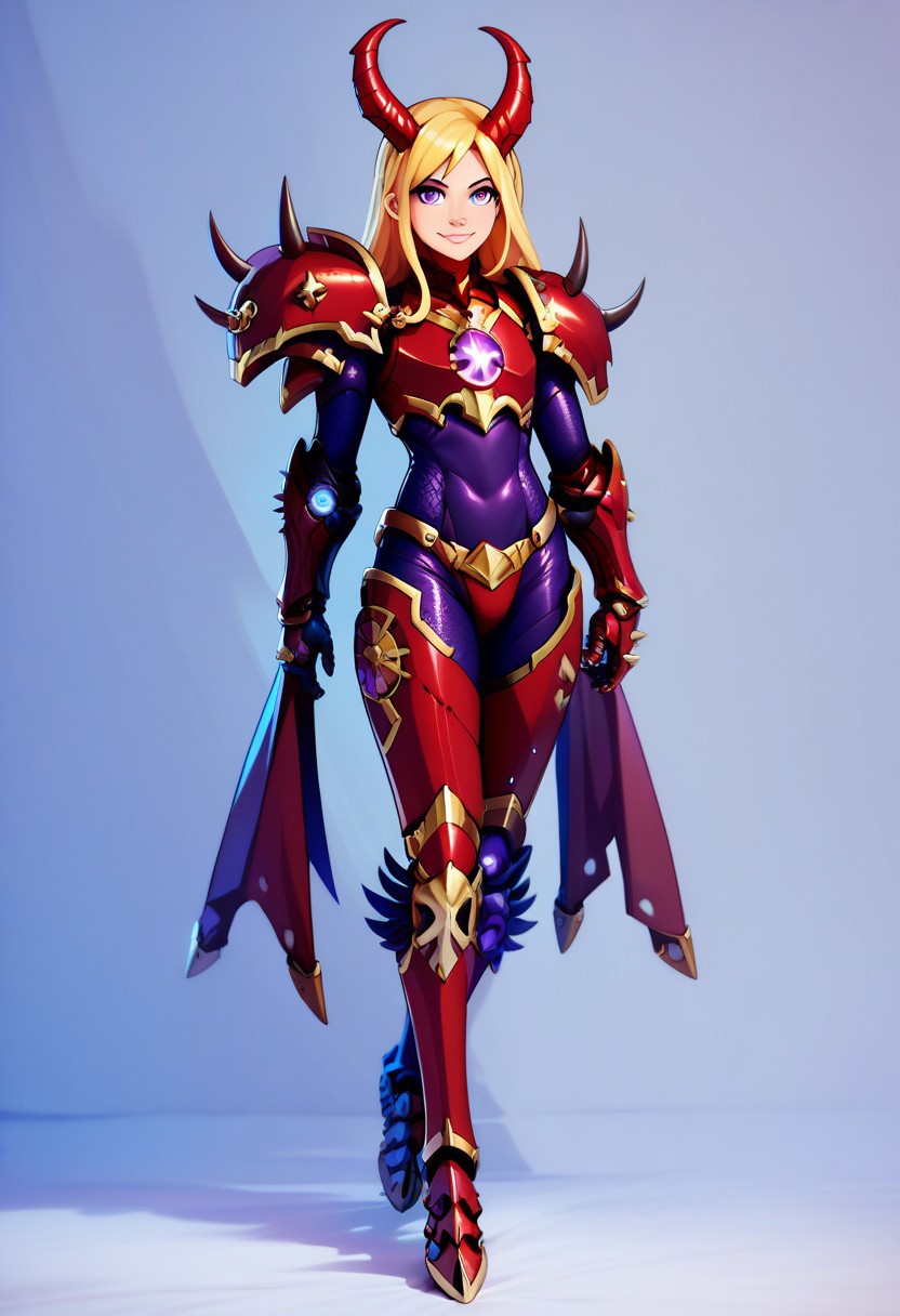 score_9, score_8_up, score_8,  
Khrn, 1girl, solo, long hair, looking at viewer, smile, blonde hair, purple eyes, full body, horns, armor, cosplay, gauntlets, prosthesis, power armor,