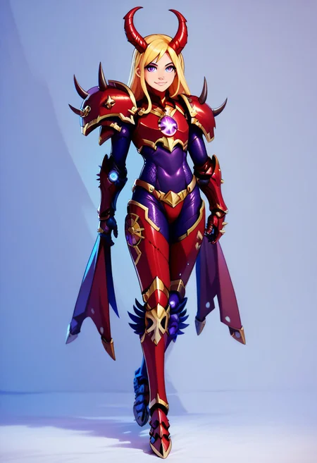 score_9, score_8_up, score_8,
Khrn, 1girl, solo, long hair, looking at viewer, smile, blonde hair, purple eyes, full body, horns, armor, cosplay, gauntlets, prosthesis, power armor,