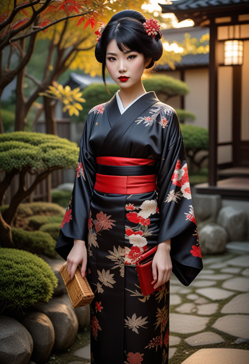 ((fashion photography)), perfect face, perfect eyes, (medium full shot) of  (demure geisha) chinese young woman, slim, black hair, hime haircut,  brown eyes, (wearing a stunning mofuku kimono with somber black silk and restrained elegance, adorned with discreet patterns and motifs), elaborate red beni lipstick, lacquer kago basket with bamboo and rattan carried on her arm, set in Edo era, in a  Samurai Residence Garden, Manicured garden with carefully trimmed bushes and bonsai trees, stone pathways, wooden benches, small pond with koi fish , at sunset, smiling at the viewer, masterpiece, best quality, photorealistic, very aesthetic