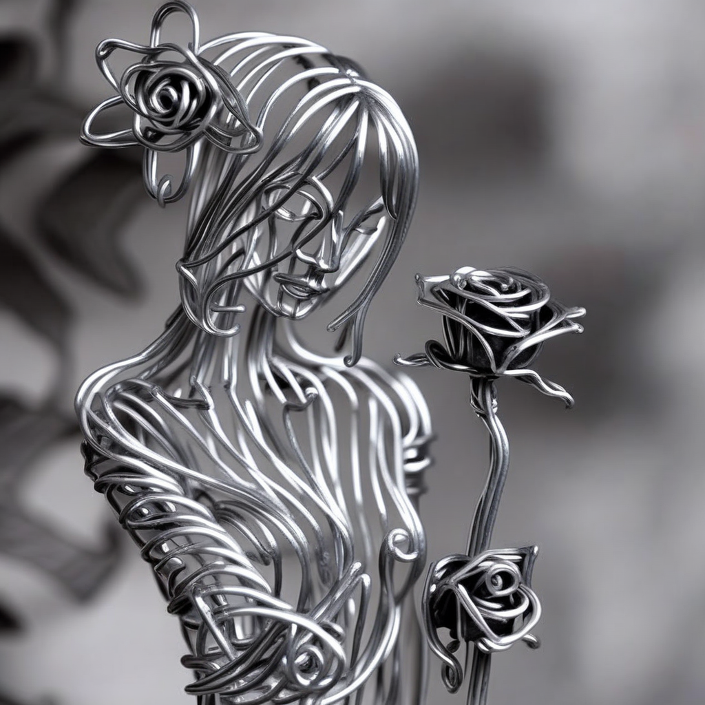 wirex wire sculpture girl with rose in garden<lora:wirex:1>