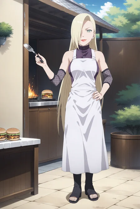 score 9, score 8 up, score 7 up, high res image, masterpiece, best quality, source anime, intricate details, anime screencap, official style, solo, 1girl, ino yamanaka, blank period, chef uniform, smirk, lipstick, hair over one eye, cute face, clear skin, shiny hair, purple high-collared blouse, mesh arm warmers, white apron, toeless footwear, outdoors, back yard, patio, grill, grillings, charcoal, fire, holding spatula, hand on hip, burger patty, from behind, full body, cowboy shot, looking at viewer, <lora:ino_yamanaka_pony:1>,
