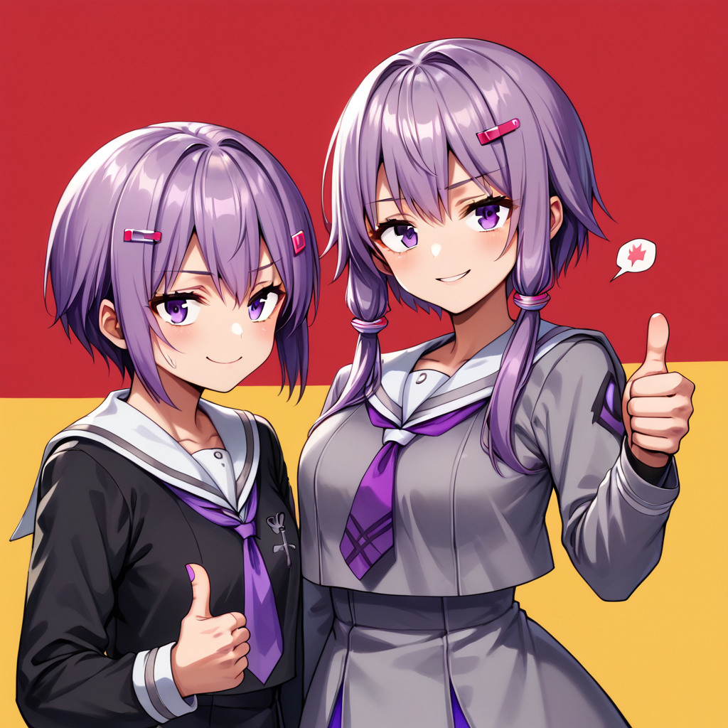 score_9, score_8_up, score_7_up, best quality, masterpiece, 4k, uncensored, prefect lighting, rating_explicit, very aesthetic, source_anime, BREAK,
BREAK
(Balance)(Symmetry)from front,
 yuzuki yukari, short hair with long locks, purple hair, hair ornament, black criss-cross halter, purple dress, black jacket, hooded jacket, long sleeves, 
<lora:YuzukiYukari_Shizuku_Pony_V1:0.9>yuzukiyukara_shizuku, purple hair, bangs, short hair, hairclip, purple nails,  hooded cardigan, open cardigan, hoods down, rabit print, school uniform, purple necktie, serafuku, long sleeves,
(2girls),2 girls side by side,(dual persona:1.3), upper body,
red background, simple bacground,,yellow background, smile, looking at viewer, ((Thumbs up:1.5)),upper body,Heart speech bubble