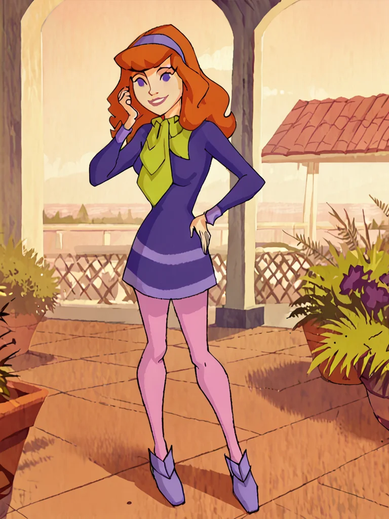 <lora:DaphneMysteryIPony1.0:1> daphneb, 1girl, solo, long hair, hairband, orange hair, purple dress, purple eyes, green scarf, smile, pink pantyhose, purple_footwear,, smile, outdoors, looking at viewer, hand on own hip,, score_9, score_8_up, score_7_up, score_6_up, score_5_up, score_4_up