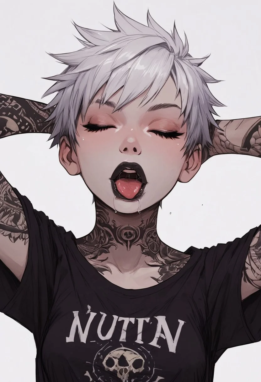 score_9, score_8_up, score_7_up, high detailed, high quality, masterpiece, no text, quality highlights, 8k detail, detailed background, source_anime, dynamic view, hentai, ultra-detailed,
...
1girl, solo, female focus, expressiveh,
(white hair), (punk hair), ((white skin)),
((short hair)),
black eyes, ((black tattoos)), seductive, gorgeous, collarbone,
(perfect slender body), thick lips,
(small breasts), (incredibly sexy),
((black lips)),
...
closed eyes, open mouth,
upper body, posing, tongue out, saliva,
front view, focus on face,
((black t-shirt)), hands behind head,
((band logo on t-shirt)),
...
(((white flat background)))