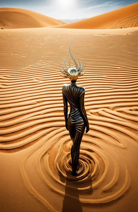 <lora:d3qck artstyle:0.65> <lora:FF-Style-Edvard-Munch-vpred:1>, style of Edvard Munch, Piercing, sagacious eyes, mirage-like, the Sandswept dreamdweller, a trickster of dunes, clad in a wind-whispered turban, eternally smirking, sandswaggling over a dune-freckled miragepath in an ancient zephyr-twisted cactidle wilderness of towering dustfrond phantasmagorias, paying no heed to the sun-scorched skyripples above, Arid, Sand-whirled, Mirage, Cacti, Mystical Desert, oasis illusions. Edvard Munch style
