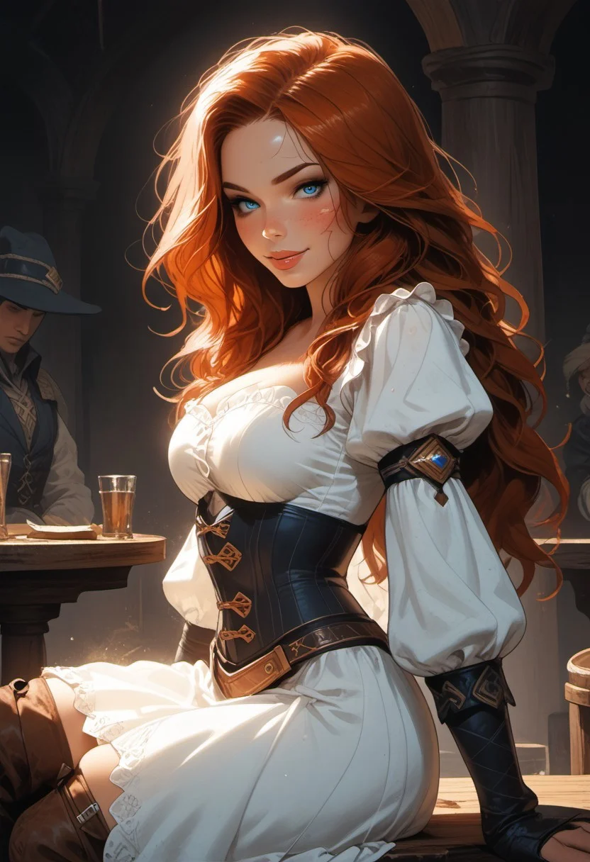 Safe_pos, (score_9, score_8_up, score_8), ultra detailed, high resolution, high quality, masterpiece, intricate details, intricate body, intricate landscape, knva, Expressiveh, hkmagic, missfortune, European Instagram Model, Sorceress, Wizard, Casting Thunder Magic Spells, Magic Circle, Thigh Strap, Tavern, midnight, 1girl, source_cartoon, Petite, ((Dark-Auburn Hair, Blue Eyes, Full Lips, Delicate and Smooth Skin, Blush Perfect Body, Highly Detailed, Glossy Lips)), ((soft thighs)), Beautiful, Attractive, (Long Hair, Shiny Hair), (perfect round breasts, large breasts), (Wizard), ((Femme Fatale)), Tight-Fitting Blue-and-White Dress, Corset, Sexy, Belt, Brown Thigh-High Boots, Fantasy, Medieval, ((Extremely Detailed Face and Eyes)), Looking at Viewer, (Flirty Smile), Soft Lighting, Warm Lighting, Unique Angle, Unique Perspective, Dramatic Angle, ((Full Body)), From Above, Side Shot, ((Sitting on Tabletop, Arched Back, Leaning Back)), Tomes in Background, Magic Book, Ritual
<lora:add-detail-xl:1.5>,
<lora:Expressive_H:0.7>,
<lora:Kenva:1>,
<lora:incase_2024_new_style_upscaled_with_big_images:0.8>,
<lora:missfortune:0.65>,
<lora:Fantasy_Wizard__Witches_Pony:0.4>,
