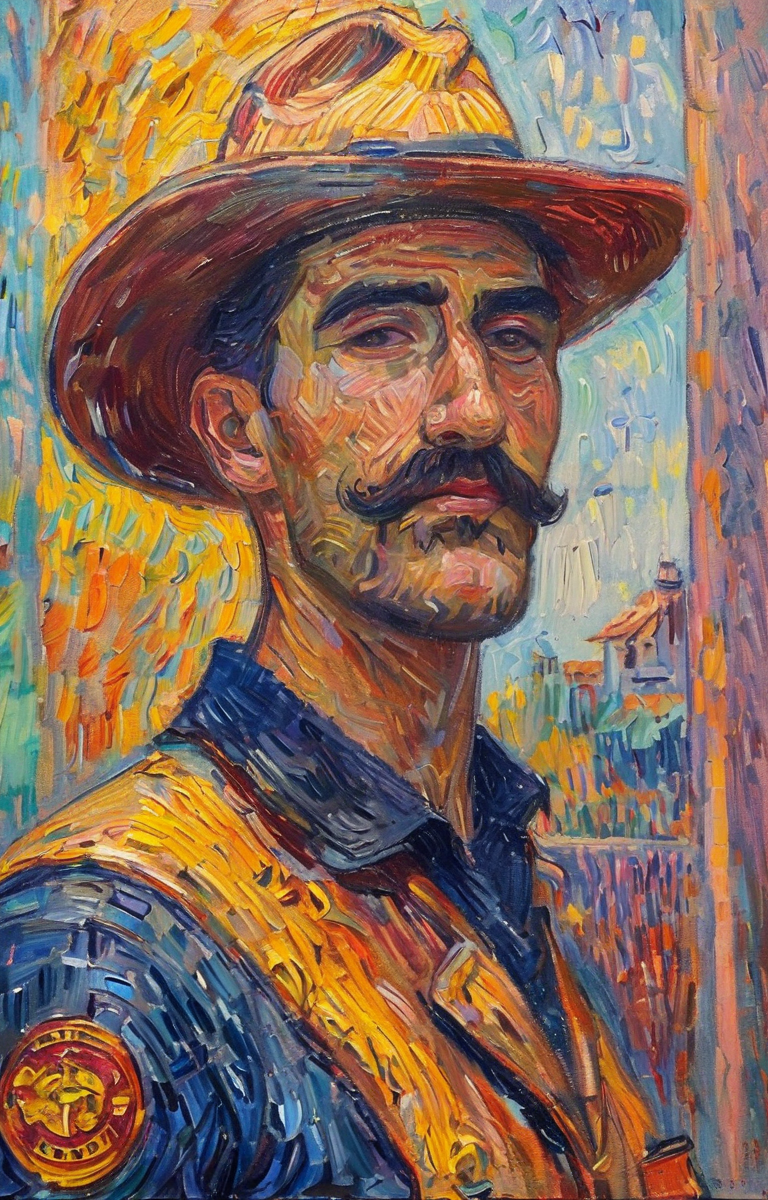 masterpiece,best quality,<lora:tbh130-sdxl:1>,portrait of firefighter,illustration,oil painting,style of Paul Signac,