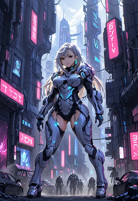 score_9, score_8_up, score_8_up, 1girl, momo ayase (dandadan), Ayase_Momo, soft breast, slender body, ultra detailed, alluring curves, tasteful sensuality, softcore, with futuristic armor, walking in a city, doing V with fingers, V for Victory, SilverPulse, CyberCity