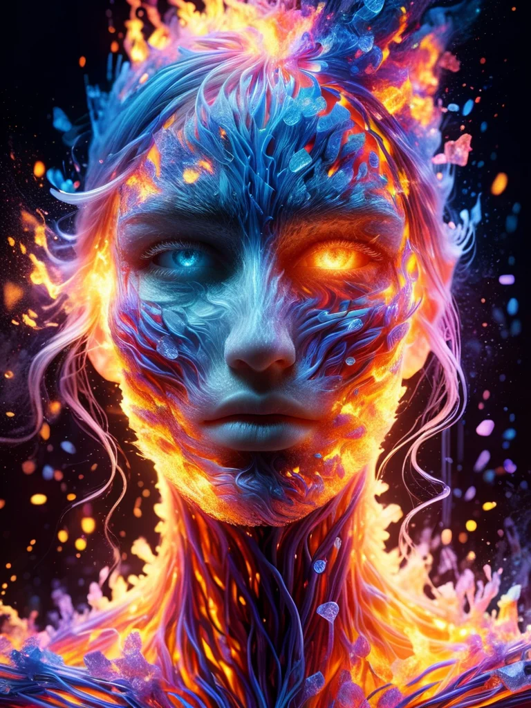 (8k, RAW photo, highest quality), Abstract style mysterious figure emerges from the shadows in a tangled mess of iridescent wires and glowing mesh, face hidden behind layers of glitched wavy distortions, non-representational, colors and shapes, expression of feelings, imaginative, highly detailed <lora:faize-sdxl:1> faize