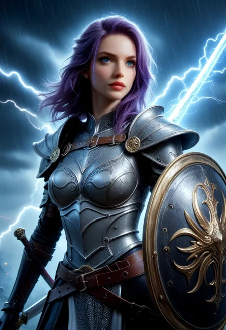 masterpiece, best quality, highres, realistic, best quality,
score_9, score_8_up, score_7_up,
Frank Frazetta, dark fantasy oil painting (extreme close-up of face and torso) of a woman with pale skin and bright purple hair wearing chain mail. She holds a sword in front of her that divides her portrait into two sides, the reflection of the sword shows an angelic face, lightning sword, sword in hands, golden chain mail.
BREAK,
dark lights, Dark Fantasy page, Sword and shield