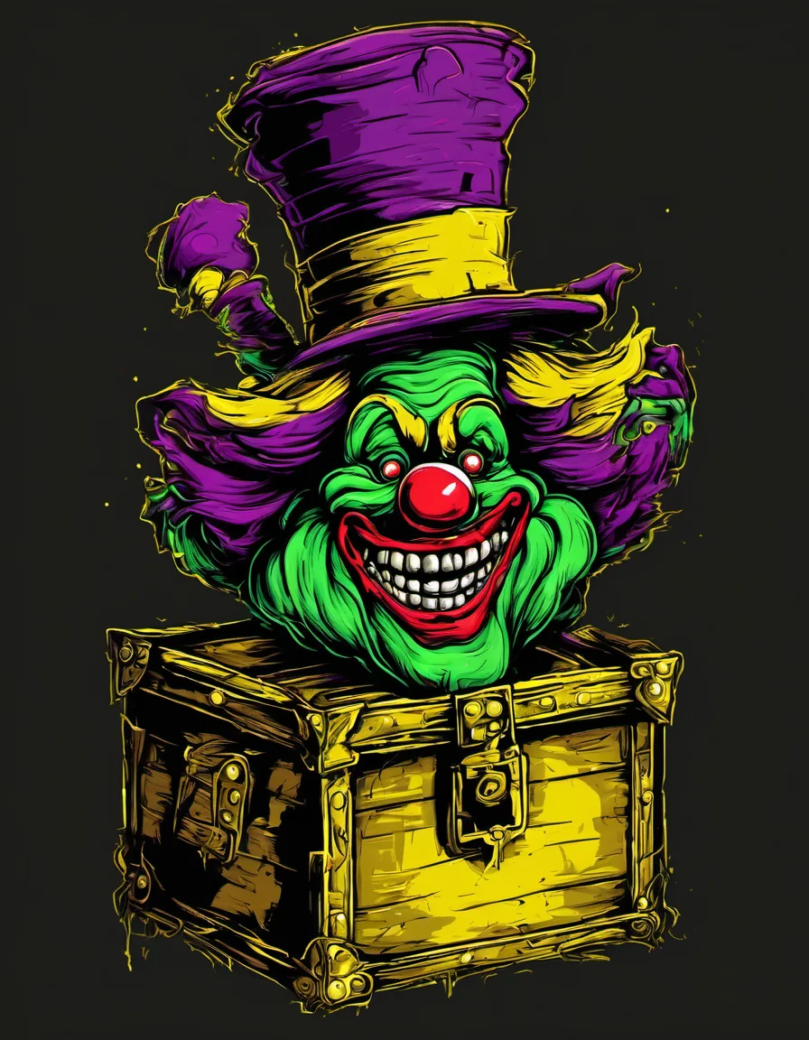 metal_tee, a green, purple, and yellow clown character with a large, evil-looking mouth and a hat on top of its head. The clown is standing on top a box, which appears to be a treasure chest. The box is surrounded by a dark background, jack in the box,, vector digital illustration, (black background:1.5) <lora:metal_tee_sdxl:1>