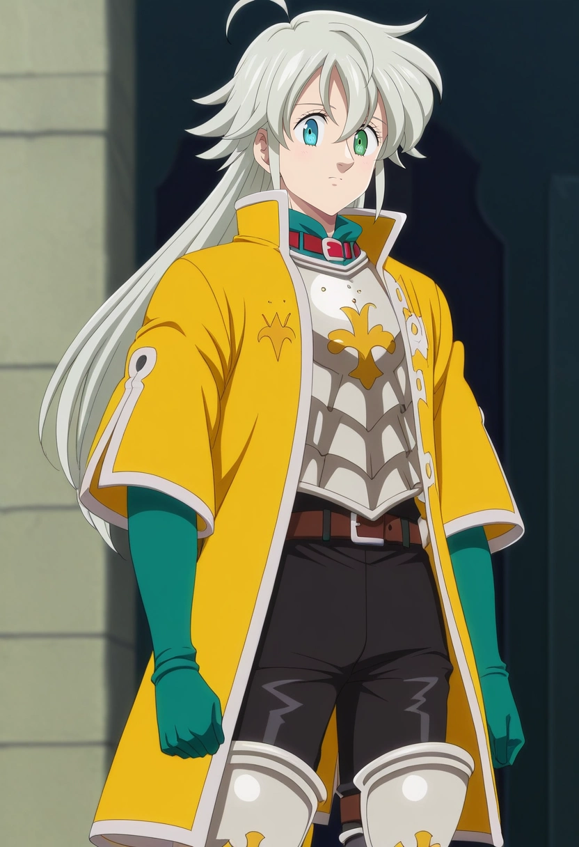 masterpiece, best quality, anime screencap, official style, anime coloring, cowboy shot, 1boy, solo, male focus, <lora:tristan_liones_ilxl:0.9>, tristan_liones, grey hair, green eyes, long hair, ahoge, yellow jacket, armor, green gloves, heterochromia, blue eyes,