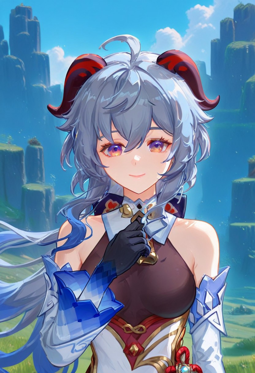 404style, 1girl, ganyu (genshin impact), grey hair, goat horns, black gloves, smile, looking at viewer, upper body, outdoors, wind, landscape