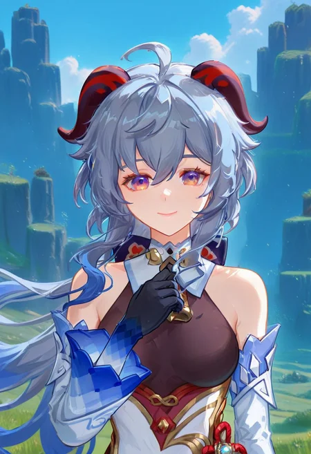 404style, 1girl, ganyu (genshin impact), grey hair, goat horns, black gloves, smile, looking at viewer, upper body, outdoors, wind, landscape