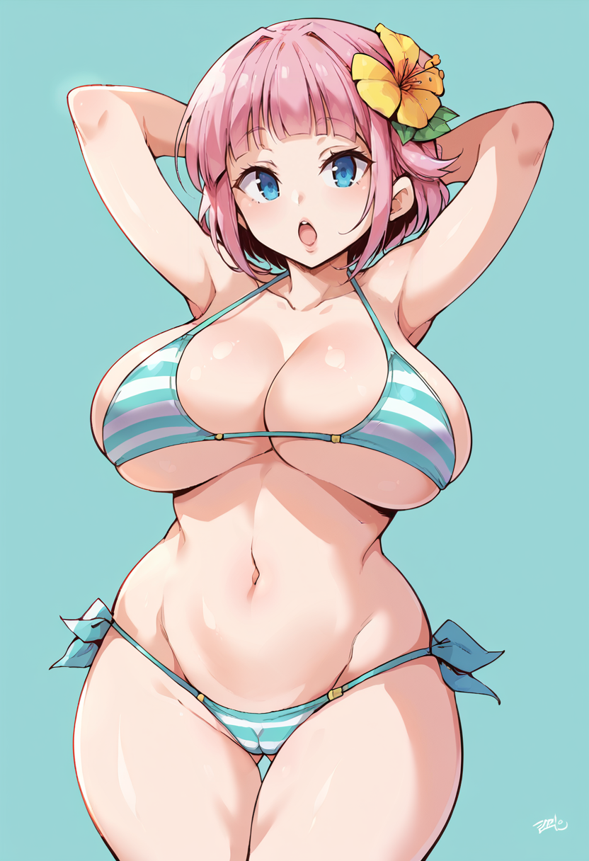 score_9, score_7_up,  1girl, 
huge breasts, wide hips, thick thighs, raised eyebrows, striped bikini, swimsuit, striped clothes, open mouth, looking at viewer, arms behind head, cowboy shot, hair flower, breasts, thigh gap, cleavage, strap gap, bikini, pink hair, collarbone, hair ornament, thighs, cameltoe, artist logo, navel, blue eyes, curvy, short hair, flower, blunt bangs, yellow flower, arms up
 <lora:marui_maru-Style-PonyXL-GLoRA-000049:1>