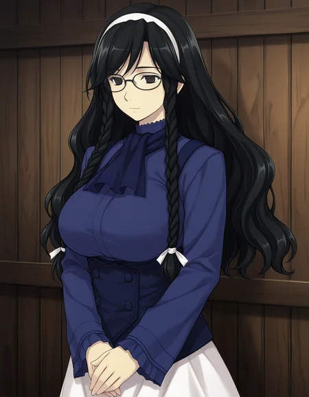 1girl, solo, nanatsuki ai, black hair, long hair, twin braids, hairband, black eyes, black glasses, light smile, closed mouth, big breasts, blue dress, blue ascot, long sleeves, white skirt, long skirt, v arms, hands together, cowboy shot, wooden wall, indoors, dark theme <lora:nanatsuki_ai_ilxl_v1:0.8>