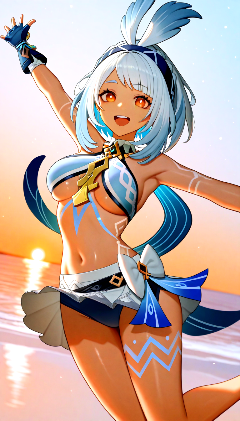masterpiece, best quality, amazing quality, very aesthetic, absurdres, highres, newest, HDR, 8K, high detail, intricate details, smooth shading, glossy surfaces, high contrast, shiny skin, dak depth, intricate detailed, 
1girl, solo, mualani \(genshin impact\), orange eyes, white hair, multicolored hair, hairband, round teeth, :d, blue bikini, whit bow, blue gloves, blue hair, body markings, white bow braid breasts, fingerless gloves, white skirt, navel, open mouth, outstretched arms, spread arms, spread fingers, swimsuit, under boob, beach, jumping, happy, dappled light dramatic lighting, particles, sunset, lens flare,