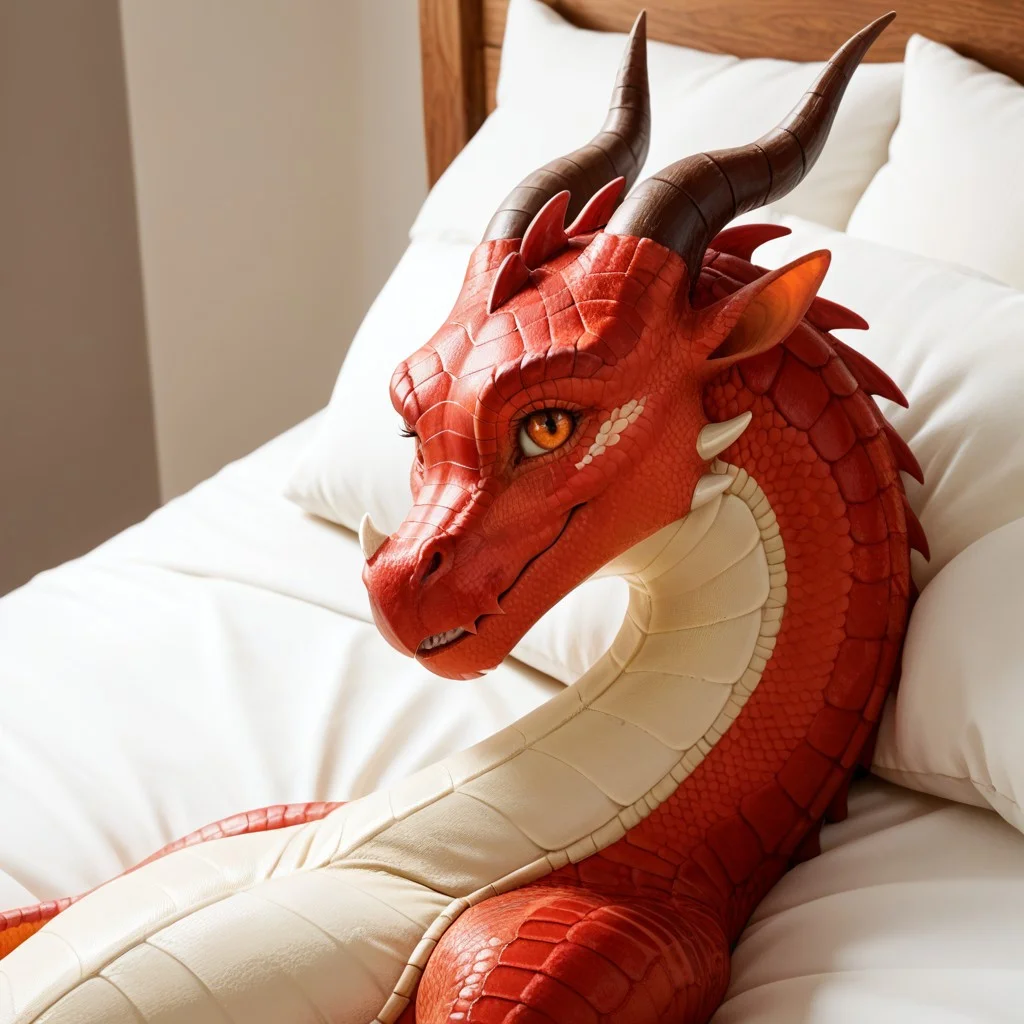 score_9, score_8_up, score_7_up, score_6_up, score_5_up, score_4_up, masterpiece, high quality, realistic, detailed, best quality, solo, rating_safe, source_furry, bedroom, smiling smile, happy, detailed eyes, detailed face, looking at viewer, (lying on back, on back), white bed, upper body shot, skywing_wof, dragon, scales, red scales, wings, tail, horns, claws, 1girl, female, orange eyes, feral